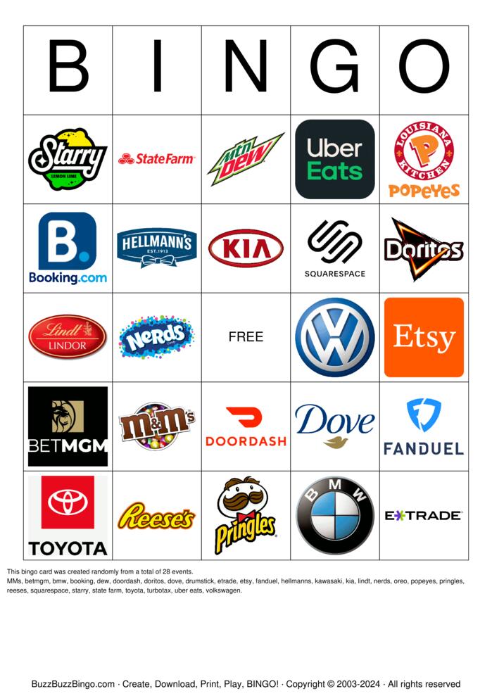 2024 Superbowl Commercial Logos Bingo Cards to Download, Print and ...