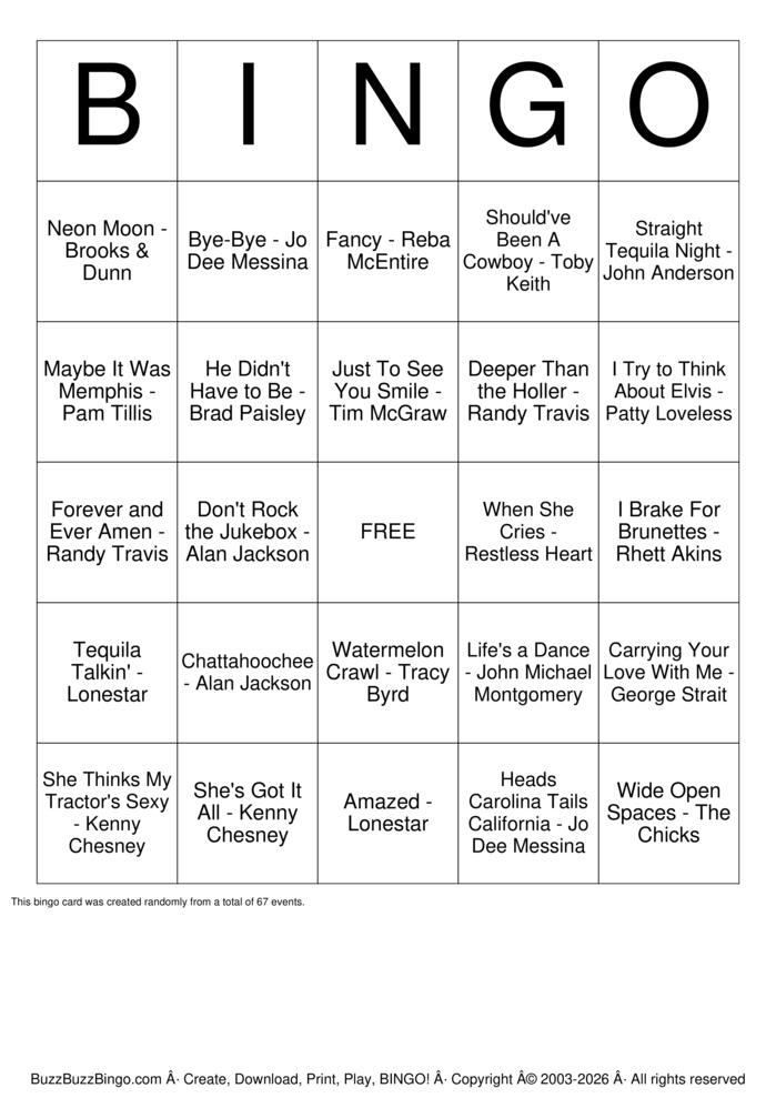Download Free 90s Country Music Bingo Cards
