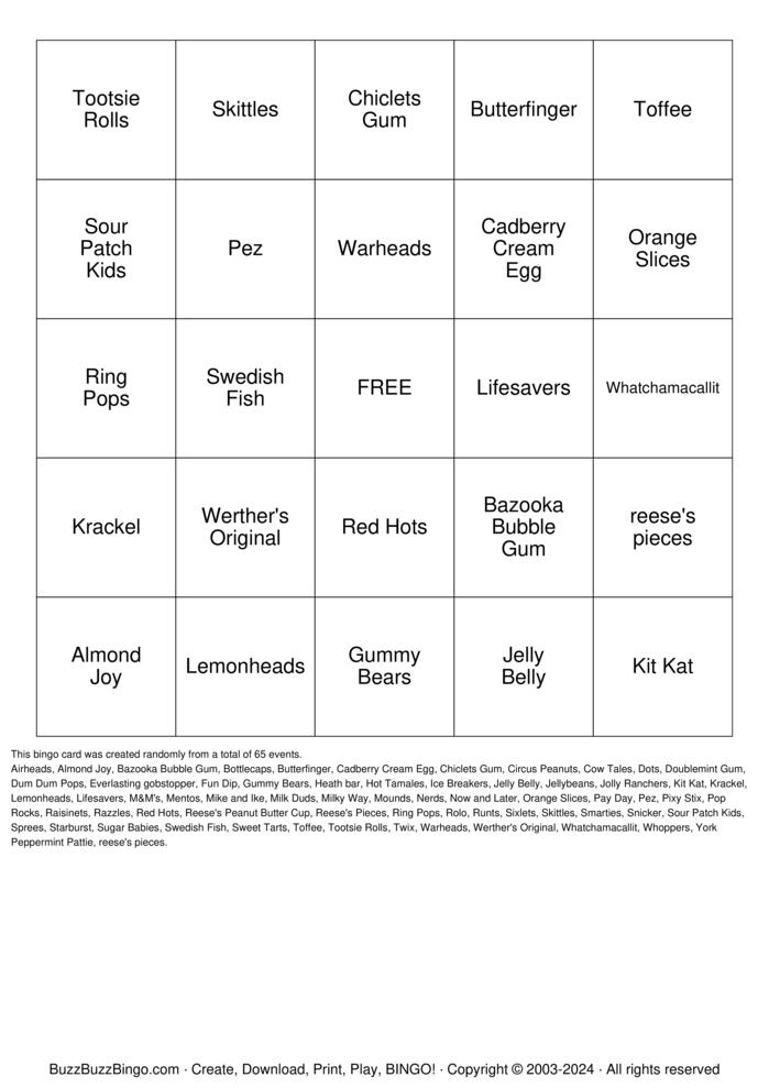 Download Free Candyland  Bingo Cards