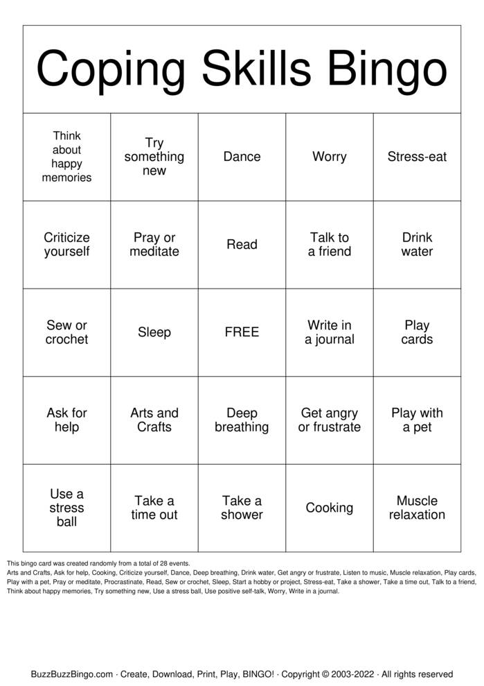 Coping Skills Bingo Cards to Download, Print and Customize!