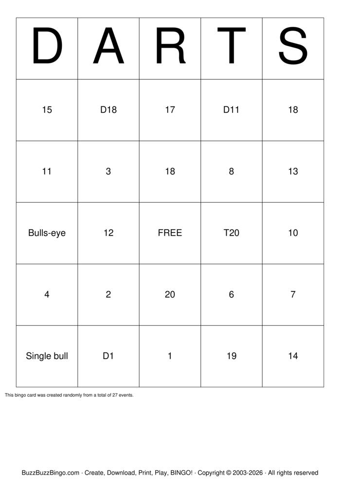 Download Free Darts Bingo Cards