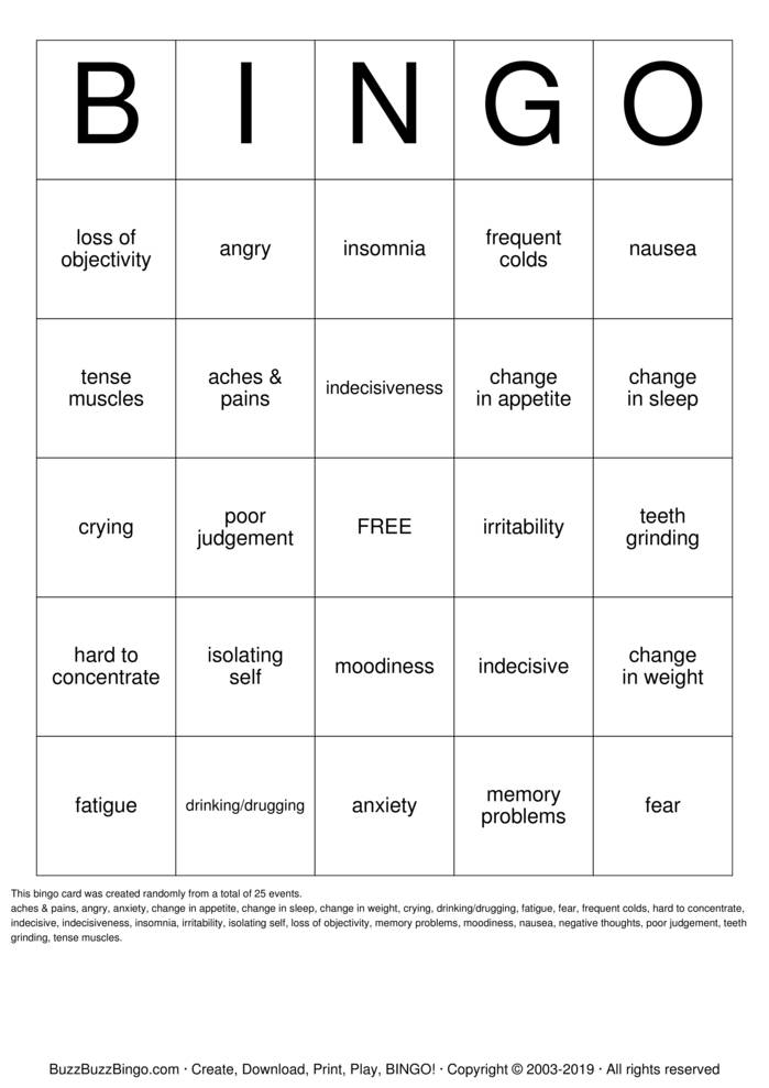 Download Free Depression  Bingo Cards