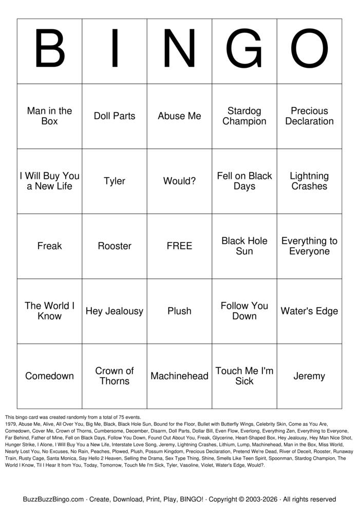 Download Free Grunge Era Titles Bingo Cards