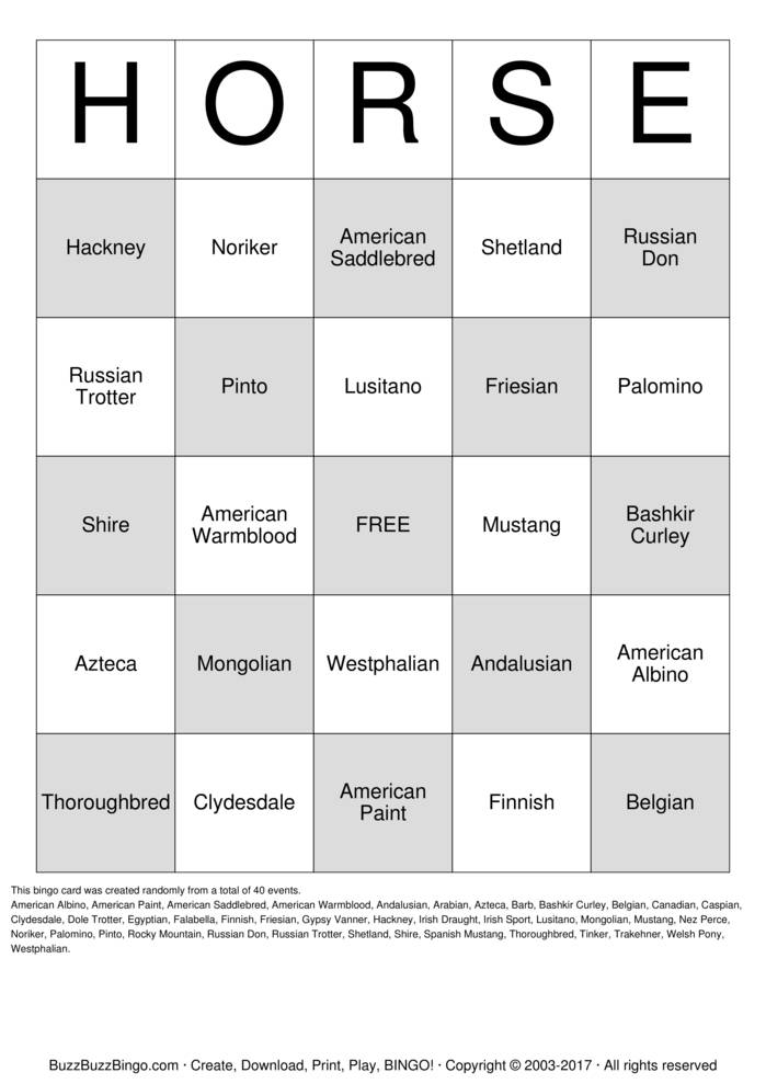 Download Free Horse Bingo Cards
