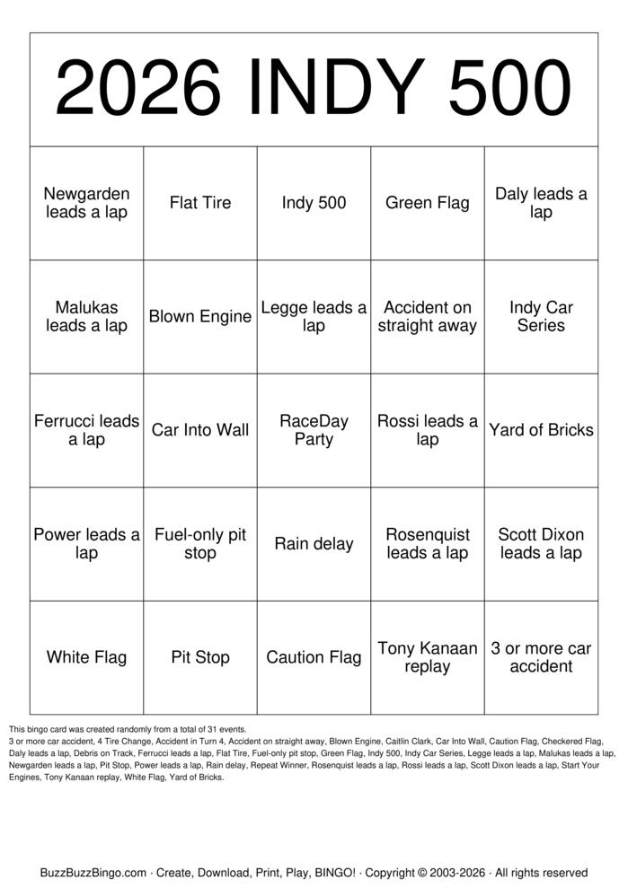 Download Free Indy 500 Bingo Cards
