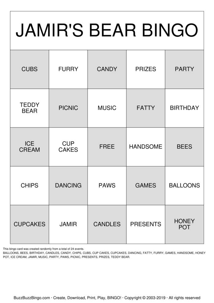 Jamir's Bear Bingo Cards to Download, Print and Customize!