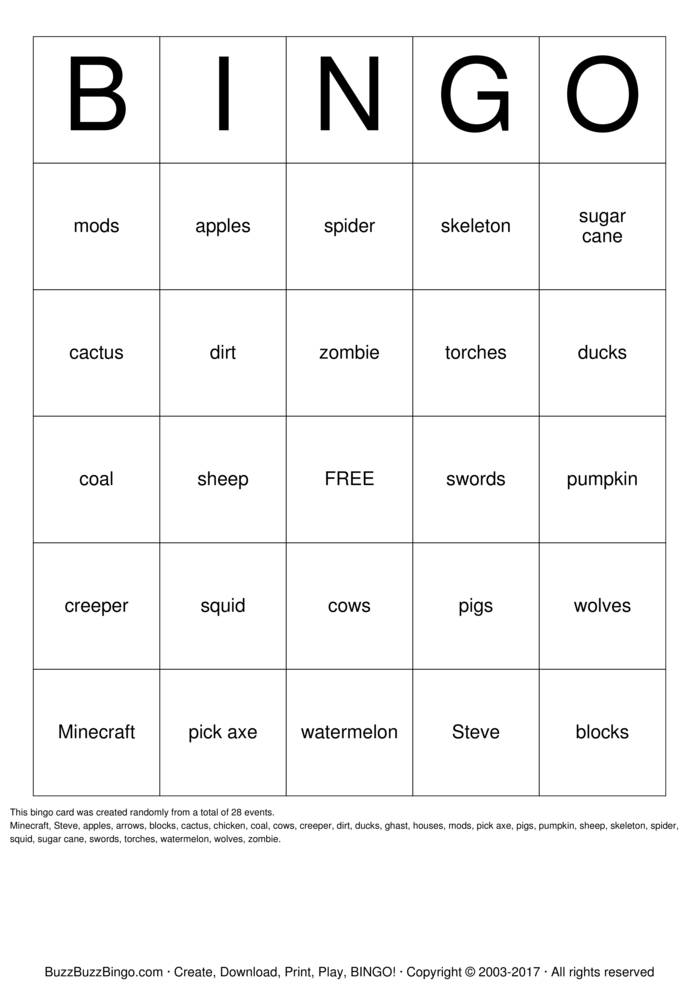 MineCraft Bingo Cards to Download, Print and Customize!