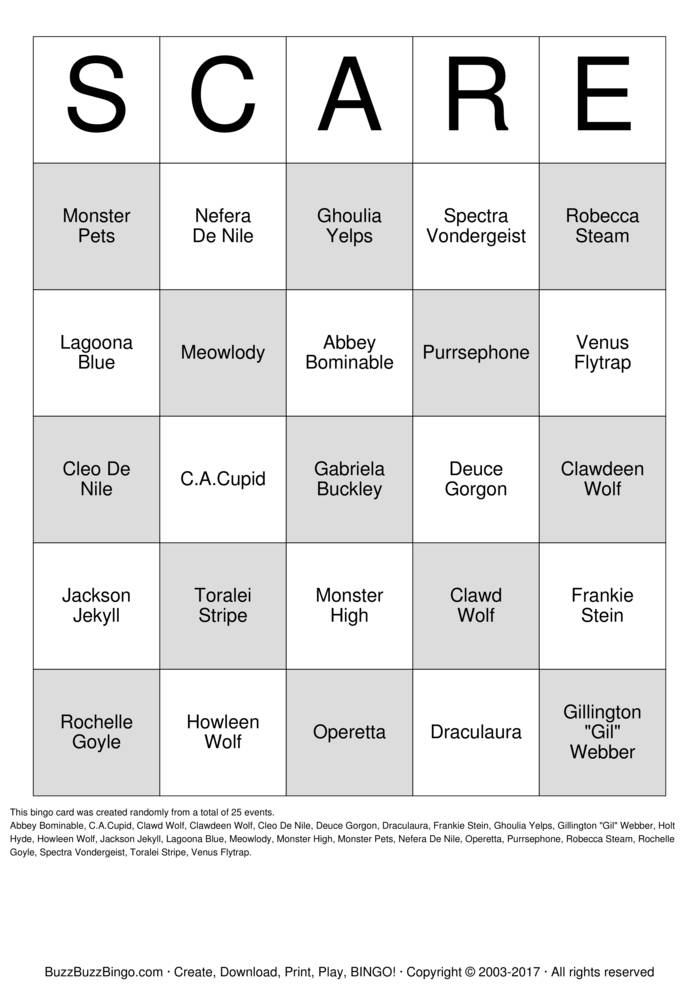 Monster High Bingo Cards to Download, Print and Customize!