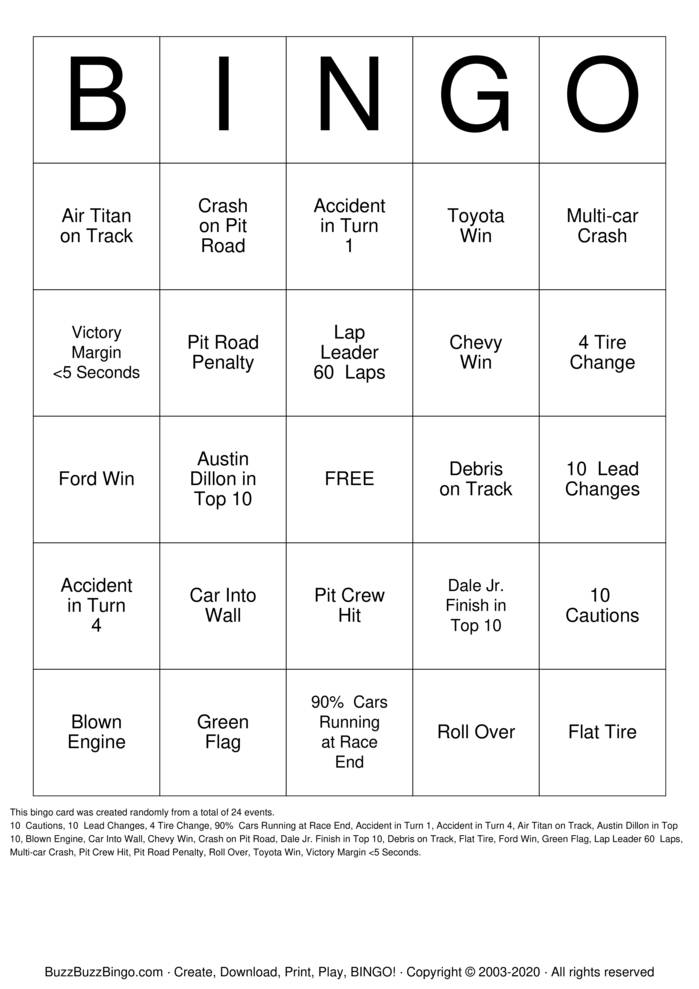 Nascar Bingo Cards to Download, Print and Customize!