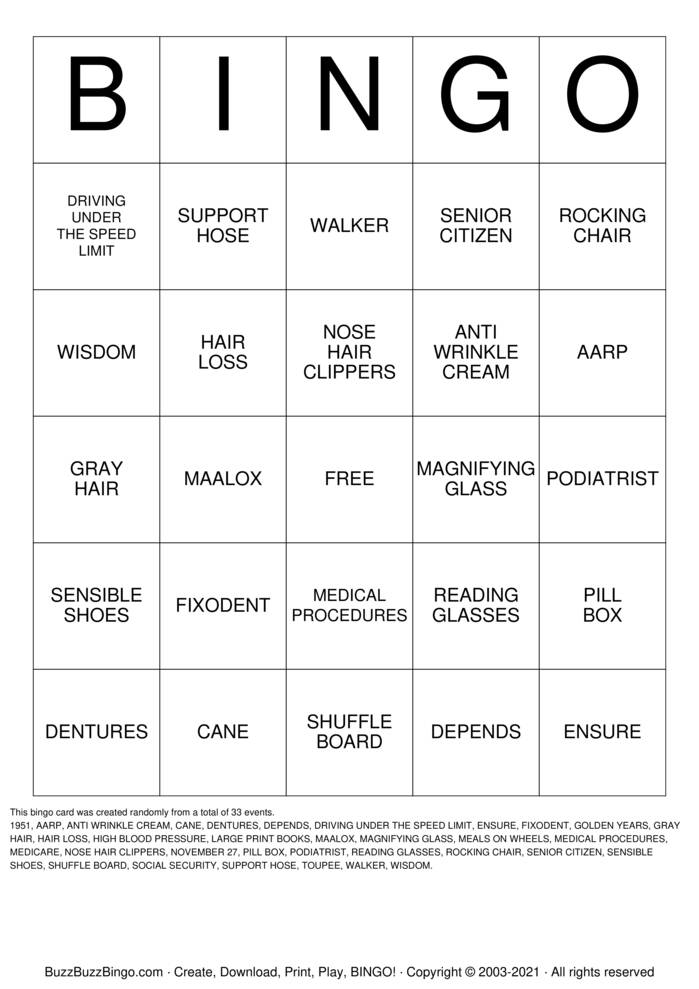 OVER THE HILL Bingo Cards to Download, Print and Customize!