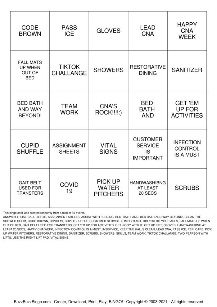 PEAK-BROOKSHIRE CNA WEEK Bingo Cards to Download, Print and Customize!