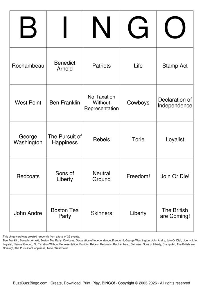 Download Free Revolutionary War 250 Celebration Bingo Cards