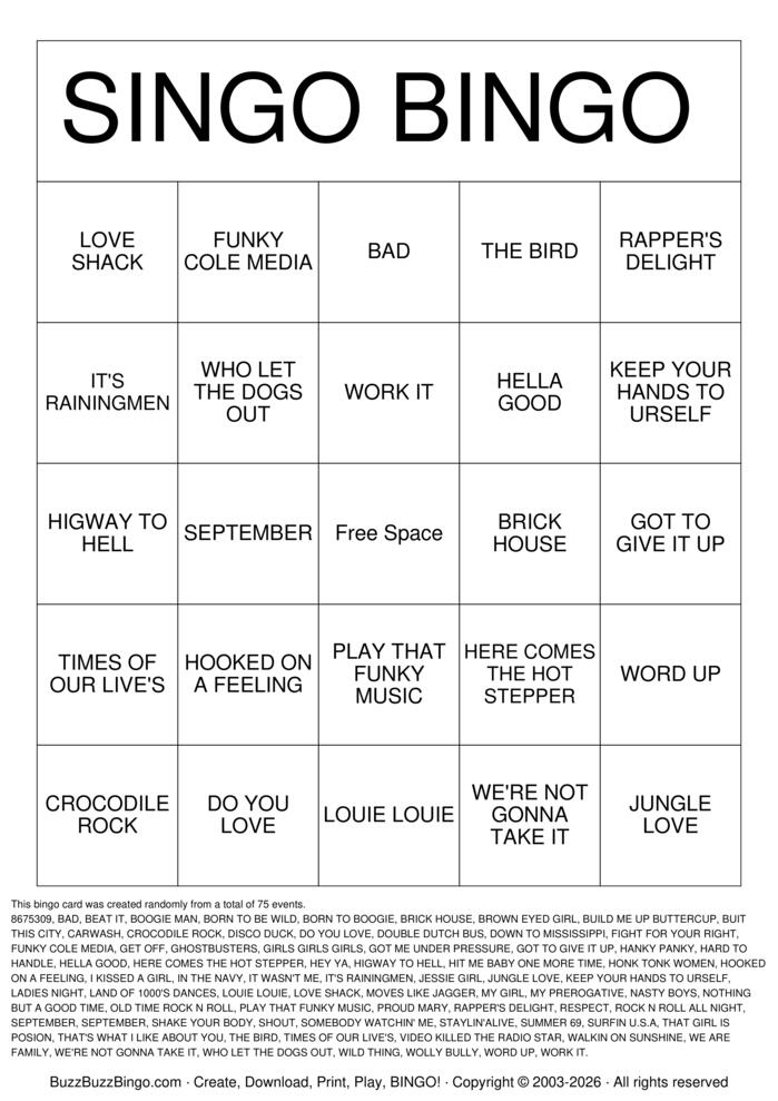 Download Free SINGO - CLASSIC Bingo Cards Download Free SINGO - CLASSIC Bingo Cards