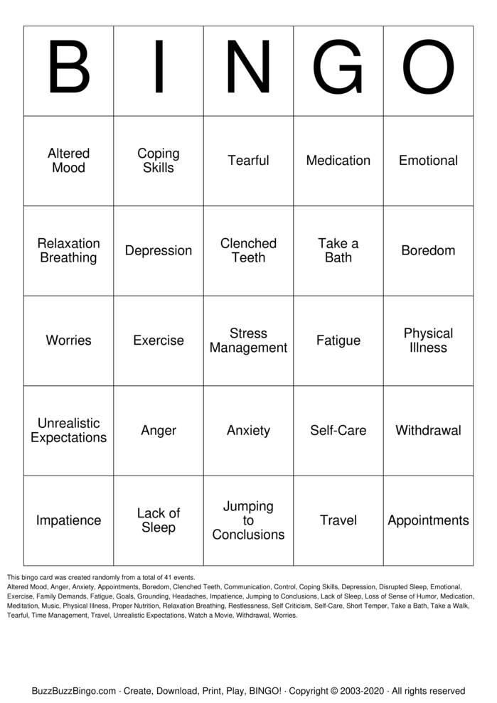 STRESS BINGO Bingo Cards to Download, Print and Customize!