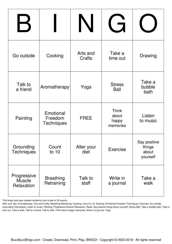 Download Free Stress Management Bingo Cards