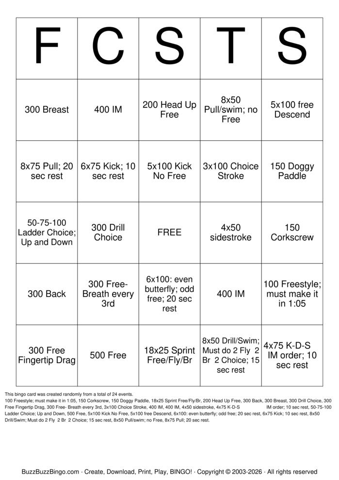 Download Free Swim Practice Bingo Bingo Cards
