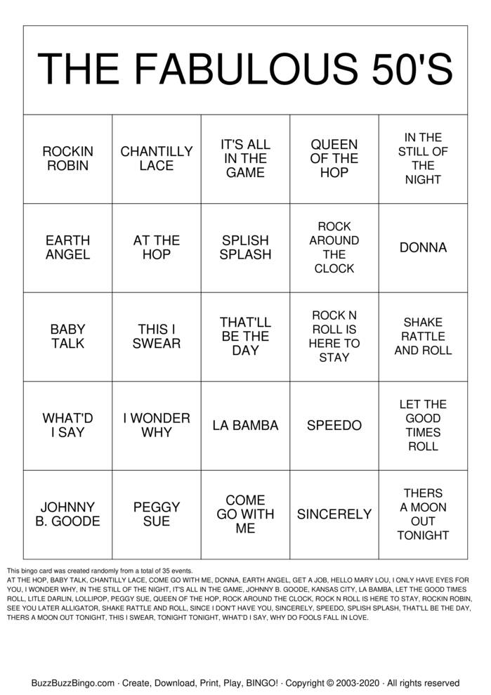 The FABULOUS 50'S Bingo Cards to Download, Print and Customize!