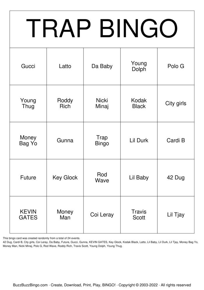 Download Free Trap  Bingo Cards