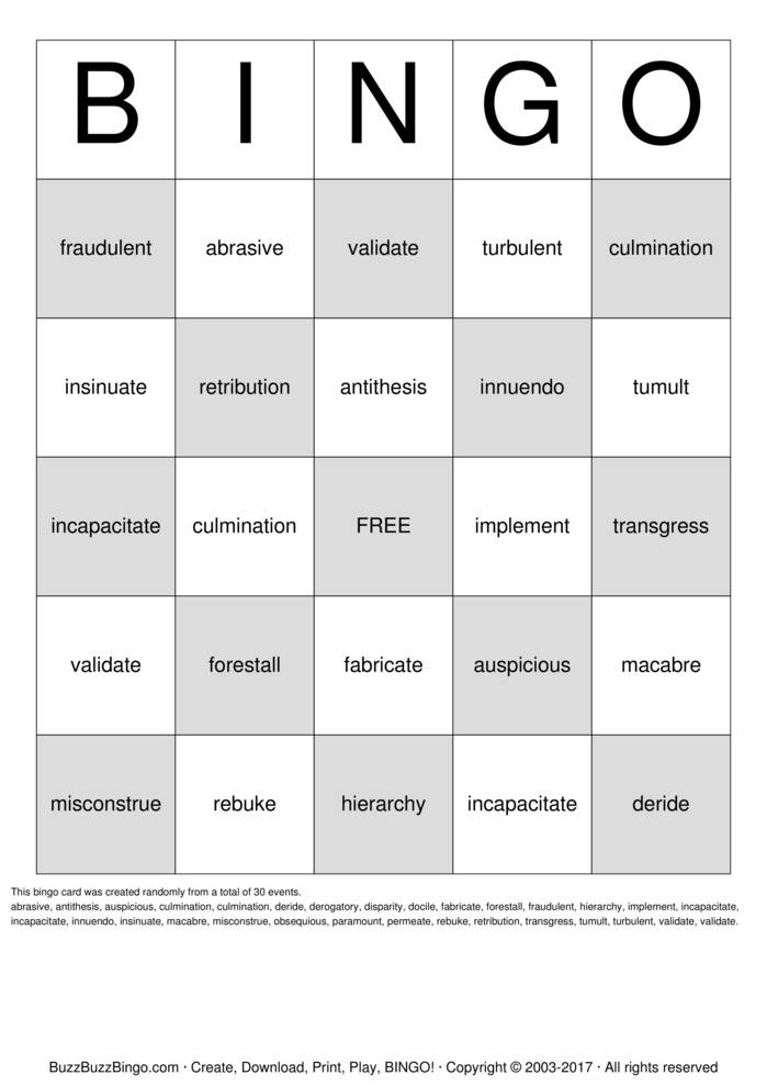 Vocab. Review Bingo Cards to Download, Print and Customize!