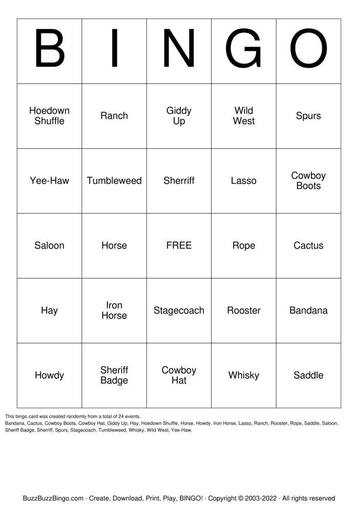 Western Bingo Cards to Download, Print and Customize!