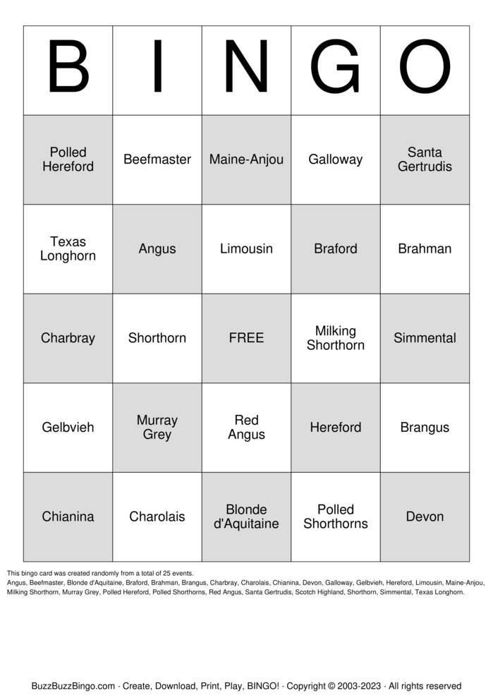 cattle Bingo Cards to Download, Print and Customize!