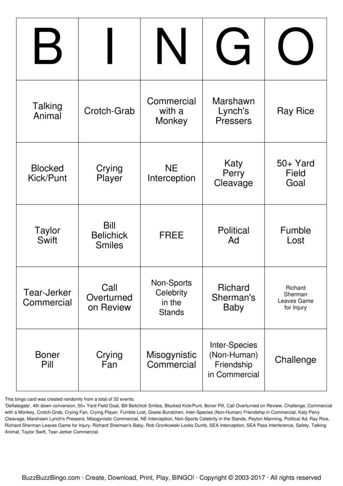 2015 Superbowl NE vs SEA Bingo Cards to Download, Print and Customize!