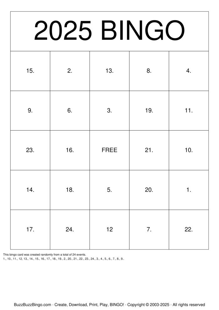 2025! Bingo Cards to Download, Print and Customize!