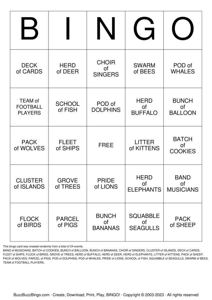 Collective Nouns Bingo Cards to Download, Print and Customize!