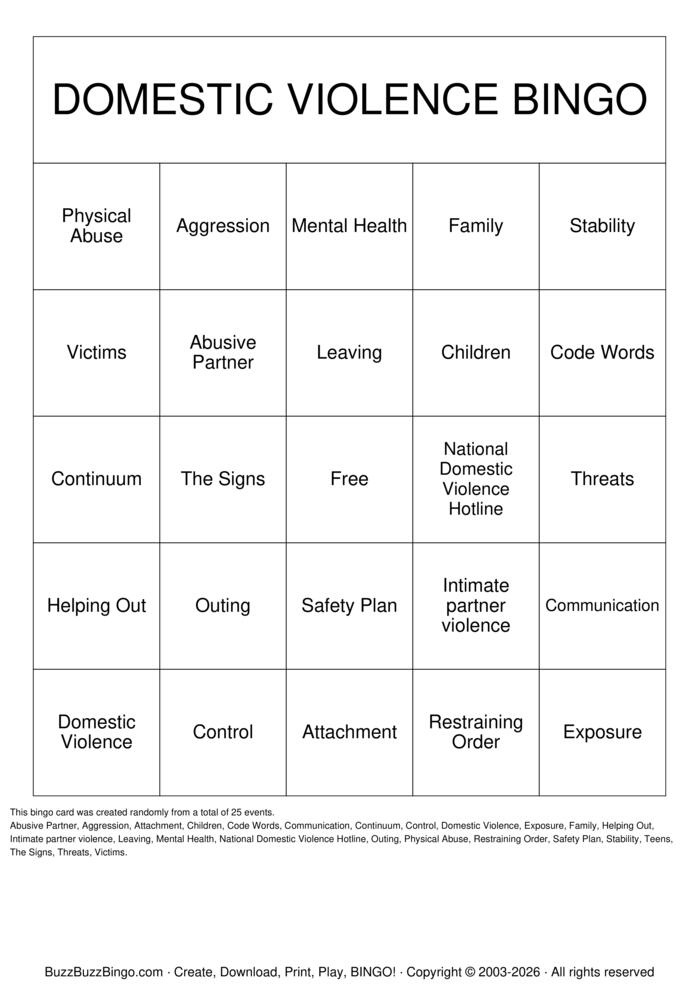 Download Free DOMESTIC VIOLENCE Bingo Cards