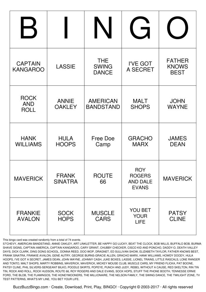 Download Free FABULOUS 50s Bingo Cards
