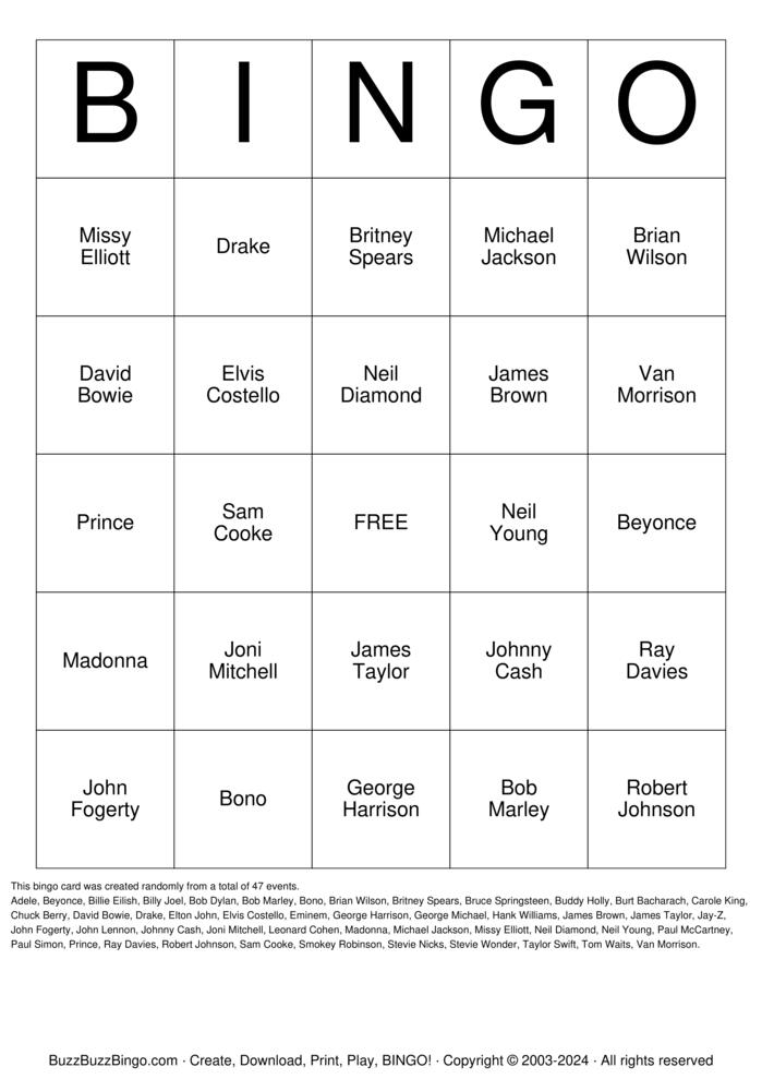Download Free Famous Songwriters Bingo Cards