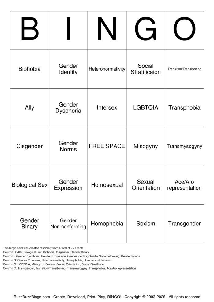 Download Free Gender and Sexuality Bingo! Bingo Cards