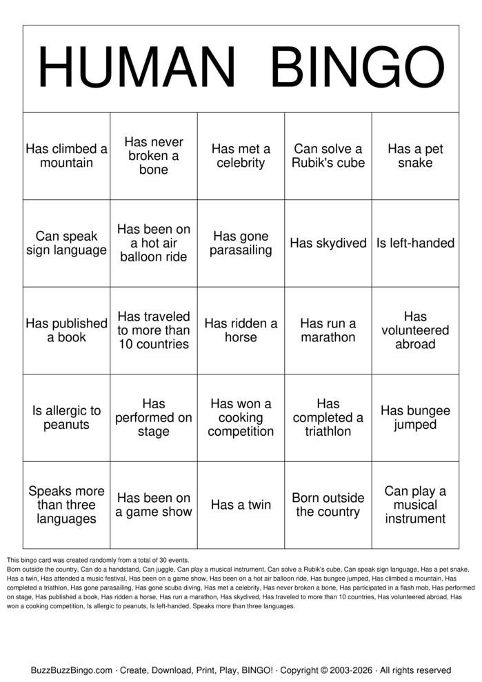 Download Free Human Bingo Bingo Cards Download Free Human Bingo Bingo Cards
