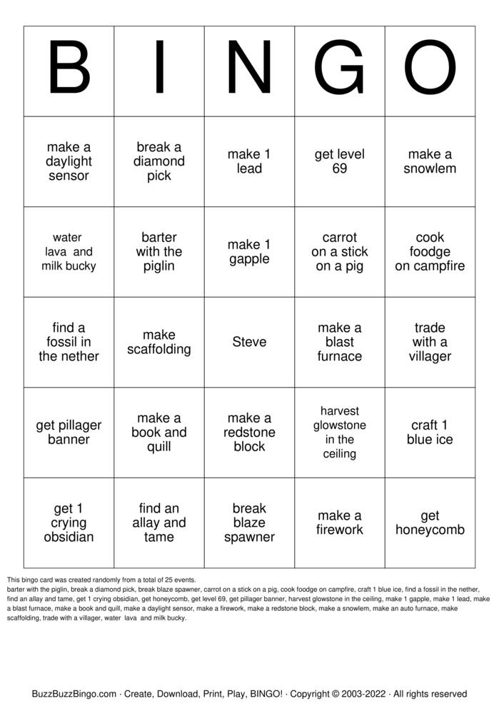 Minecraft Bingo Pdf MineCraft Bingo Cards to Download, Print and Customize!