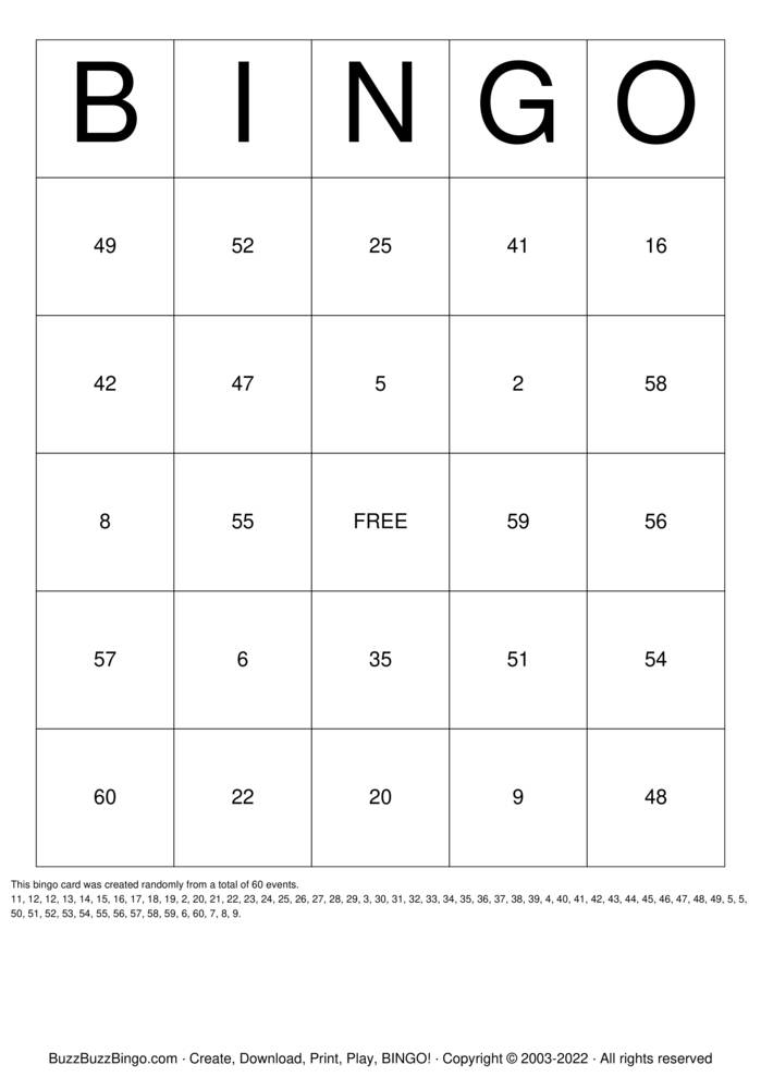 Numbers 1-60 Bingo Cards to Download, Print and Customize!