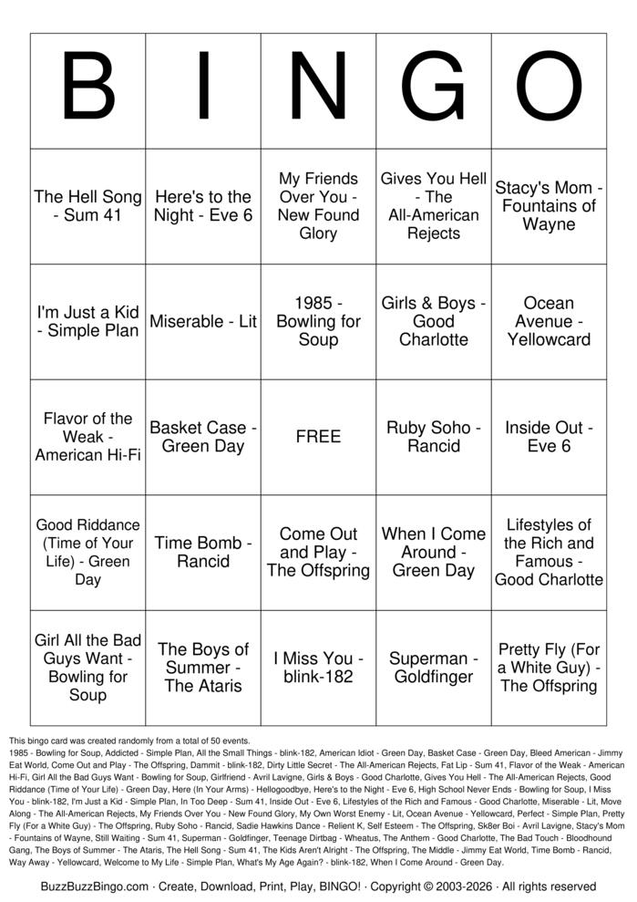 Download Free Pop Punk Glory Days Top 50 Bingo Cards Download Free Pop Punk Glory Days Top 50 Bingo Cards