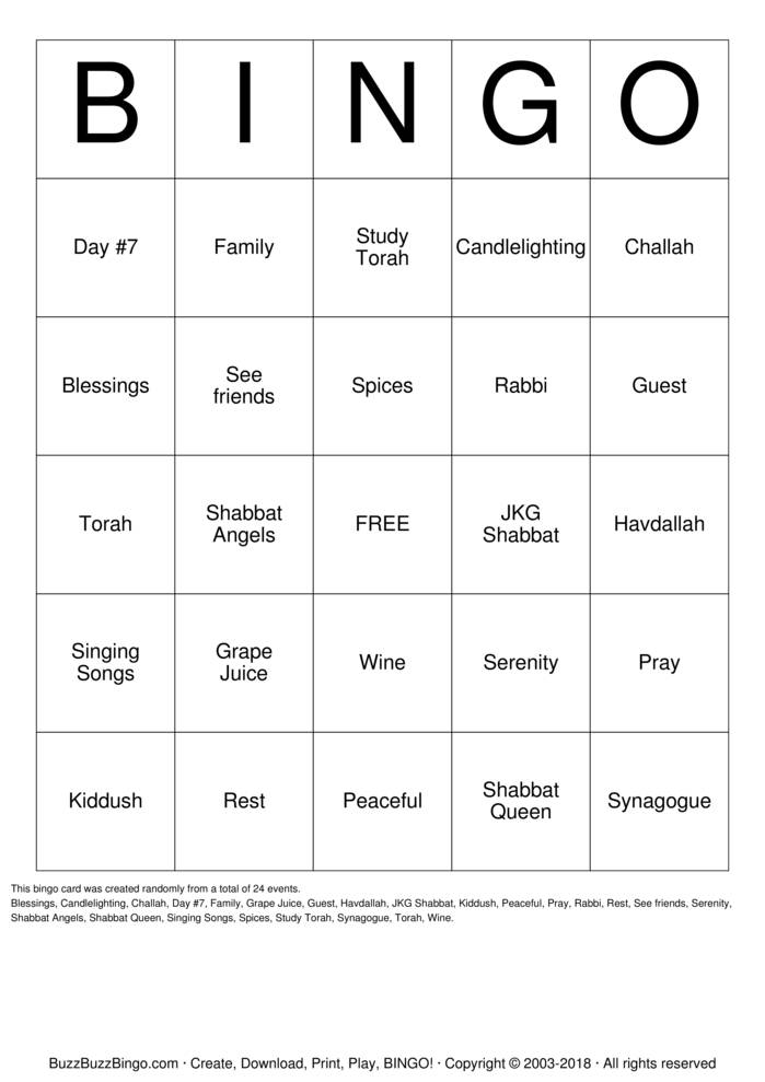 SHABBAT BINGO Bingo Cards to Download, Print and Customize!