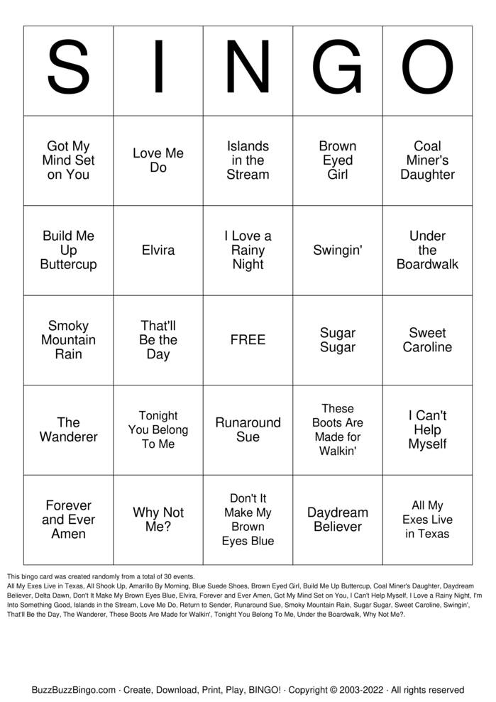 Download Free SINGO Bingo Cards