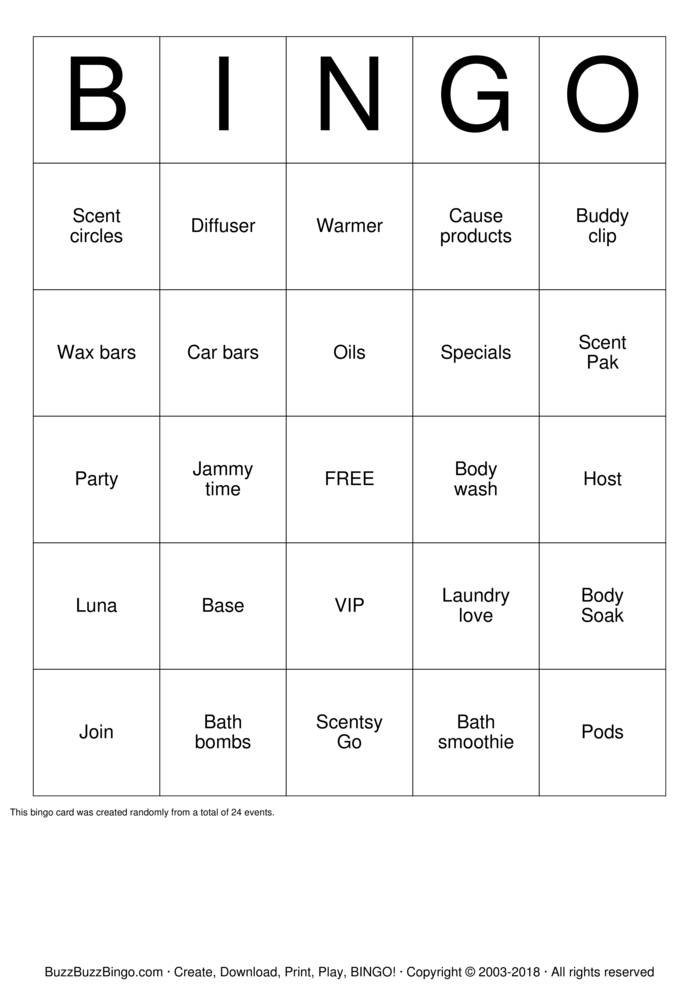 Scentsy items Bingo Cards to Download, Print and Customize!
