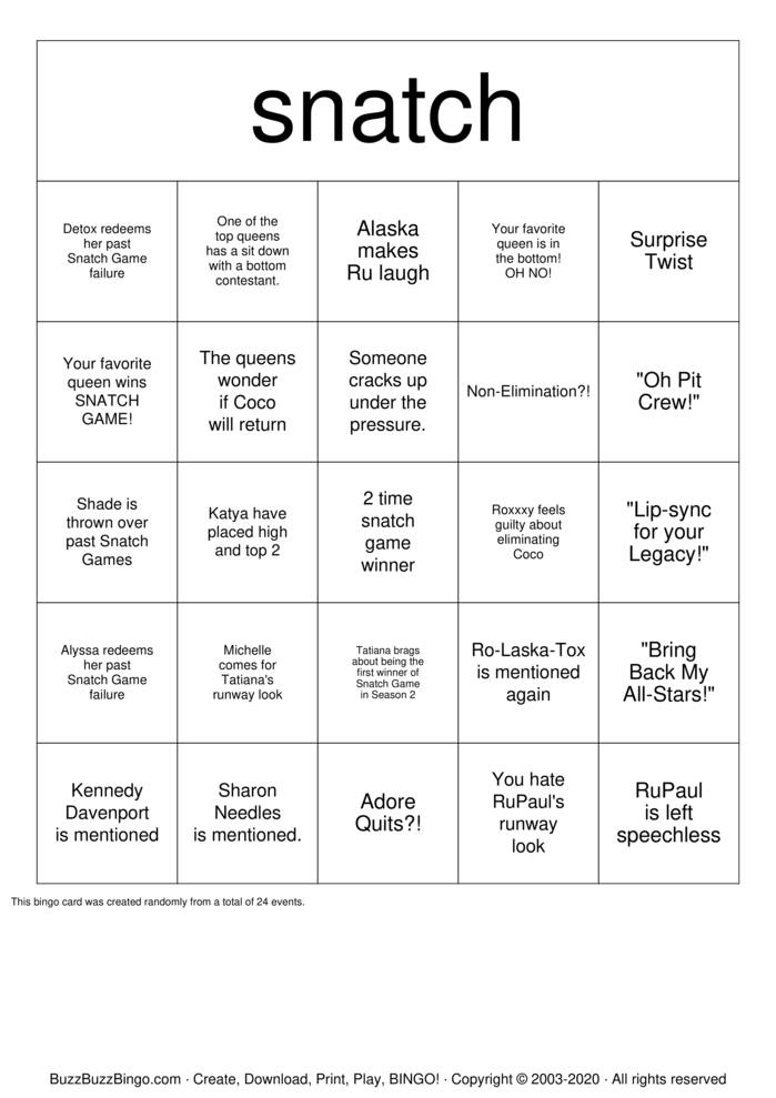 Download Free Snatch Game Bingo Cards