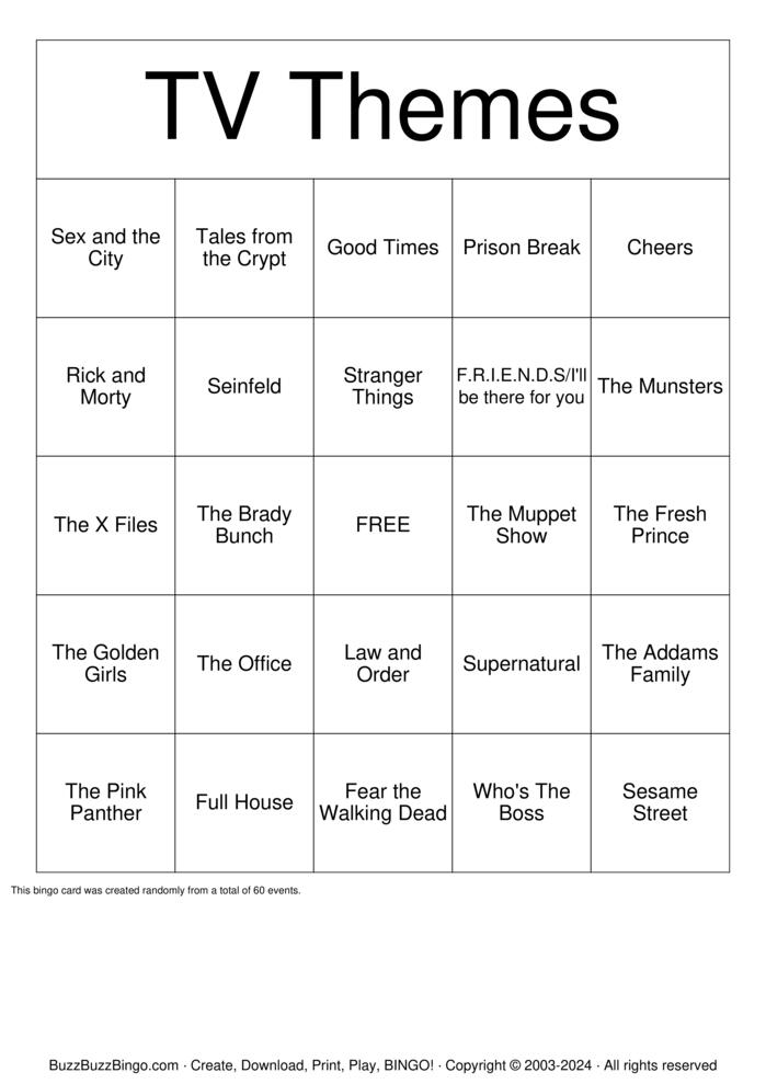 Download Free TV show theme songs Bingo Cards Download Free TV show theme songs Bingo Cards