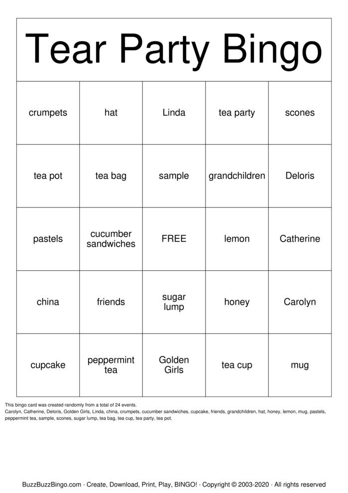 Tea Party Bingo Cards to Download, Print and Customize!