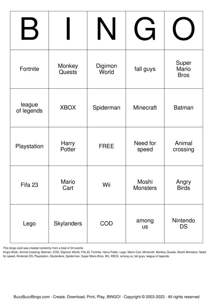 Download Free Video Game Bingo Bingo Cards