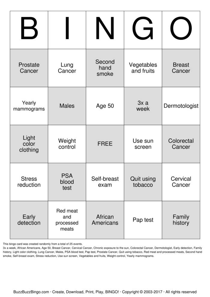 early detection Bingo Cards to Download, Print and Customize!