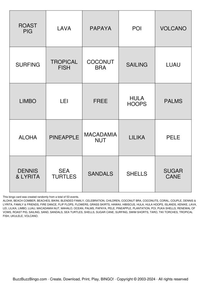 Download Free hawaii Bingo Cards