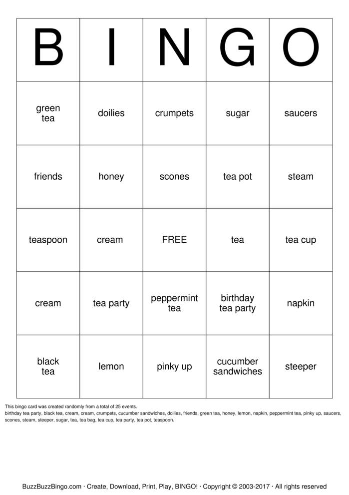 tea party bingo Bingo Cards to Download, Print and Customize!