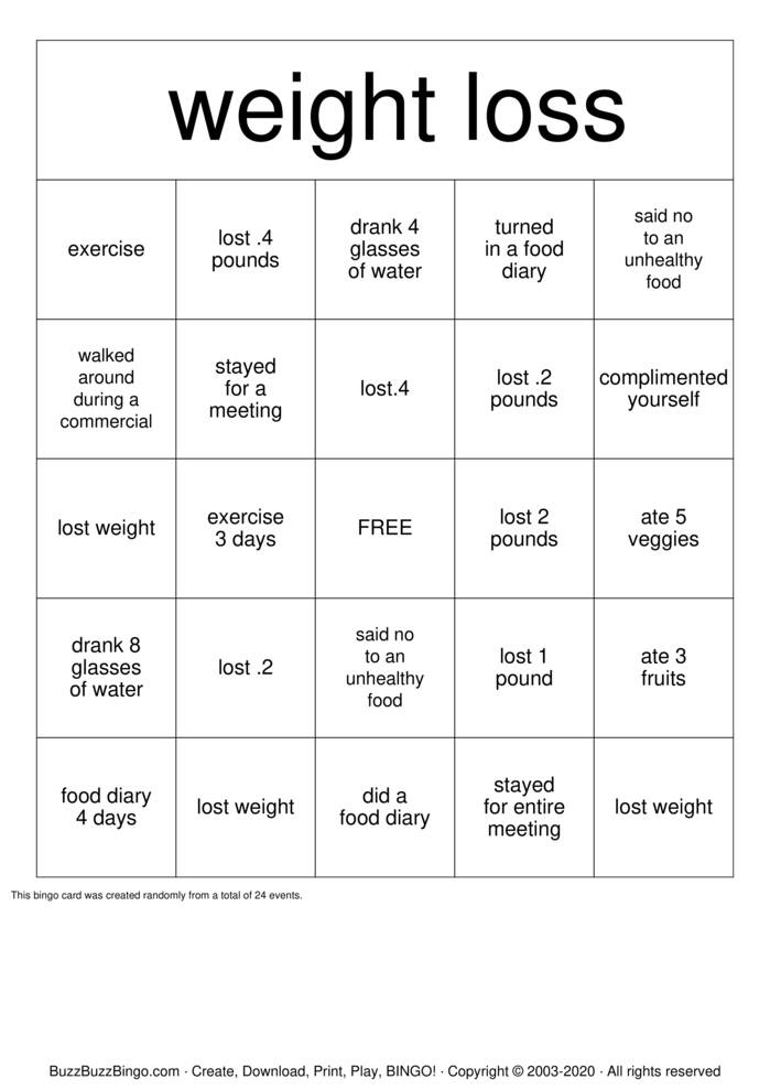 Download Free  weight loss Bingo Cards