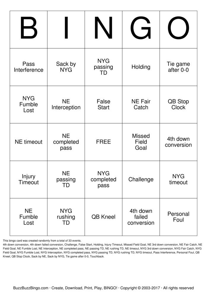 Download Free 2012 Superbowl NYG vs NE Bingo Cards