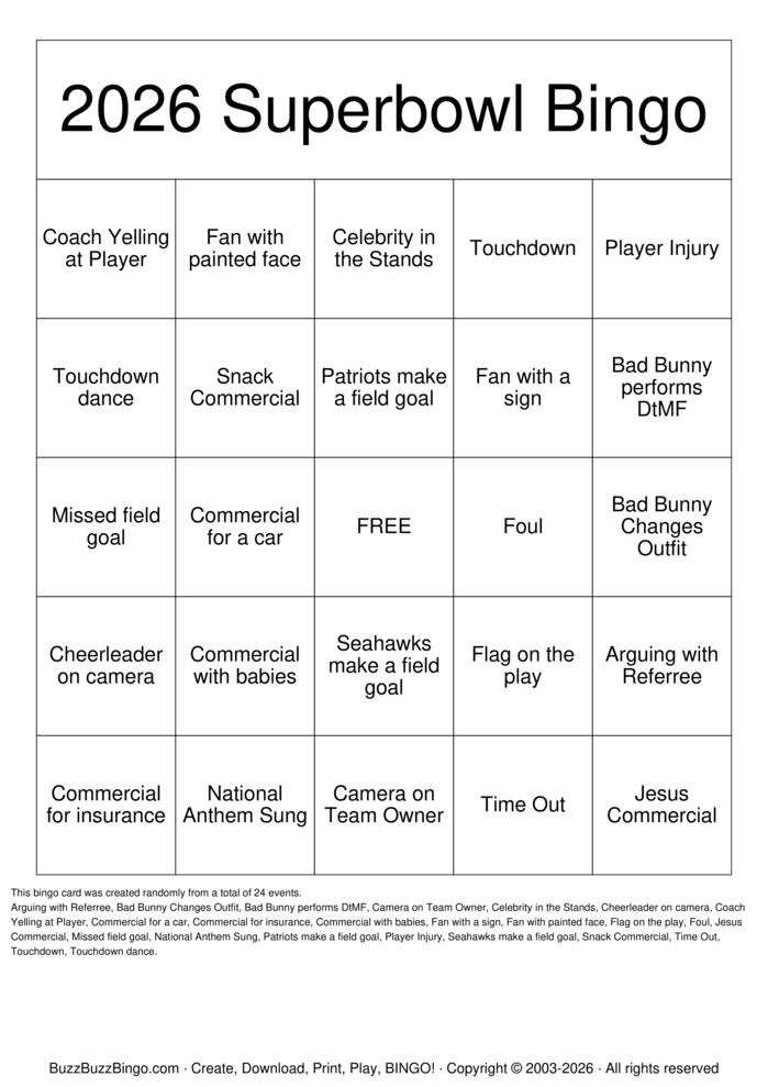 Download Free 2026 Superbowl Bingo Bingo Cards Download Free 2026 Superbowl Bingo Bingo Cards