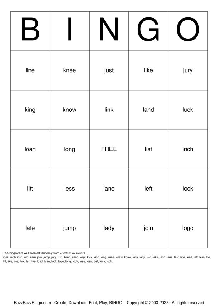 Download Free 4 Letter Words I-L Bingo Cards